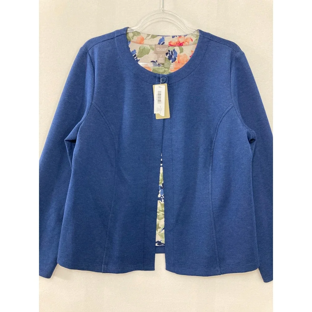 New Chico's Reversible Ponte Jacket size Large/2 Indigo Blue Floral Soft Preppy‎